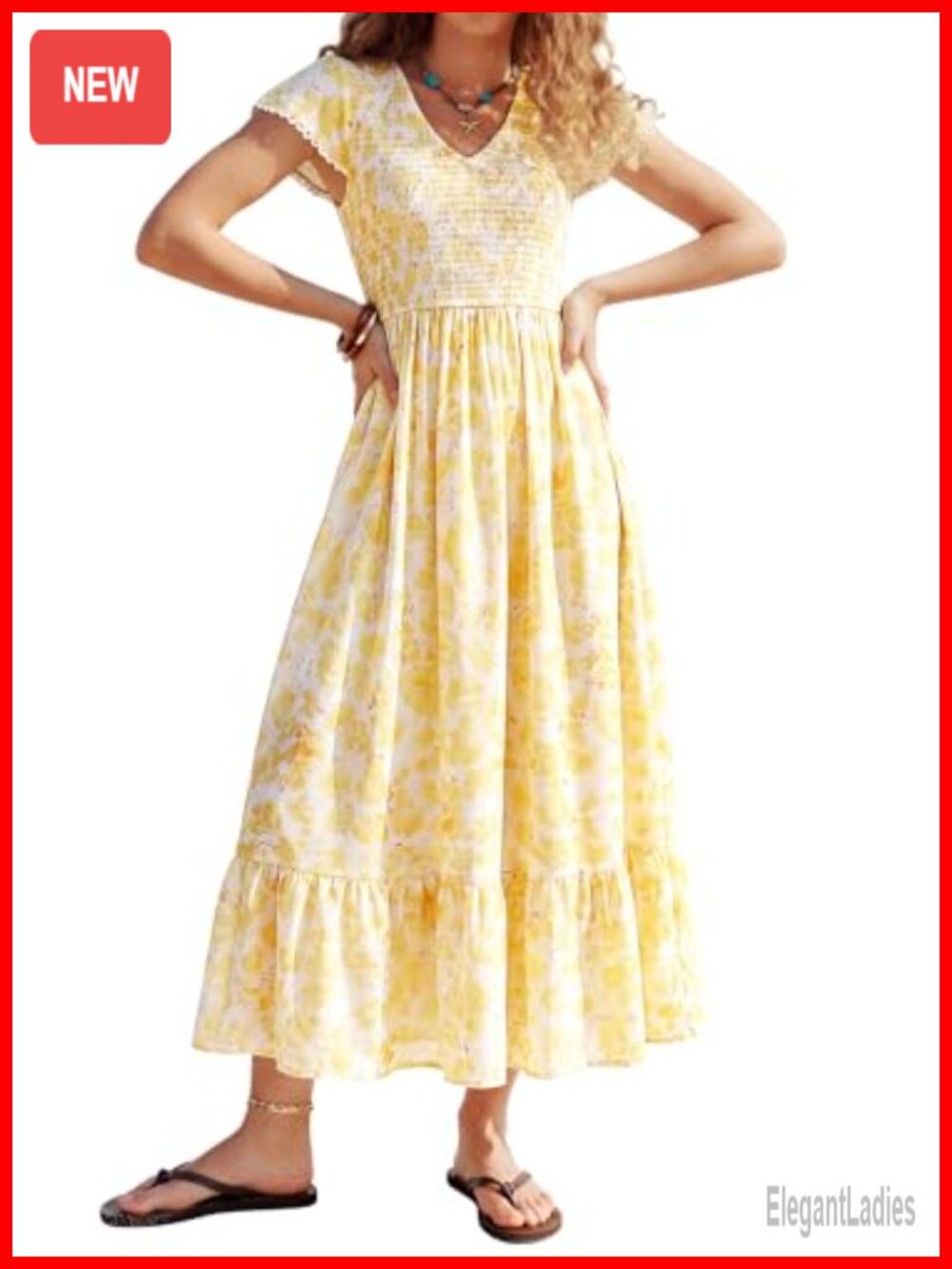 Women Boho Floral Maxi Dress Smocked V-Neck Cap Sleeve Beach